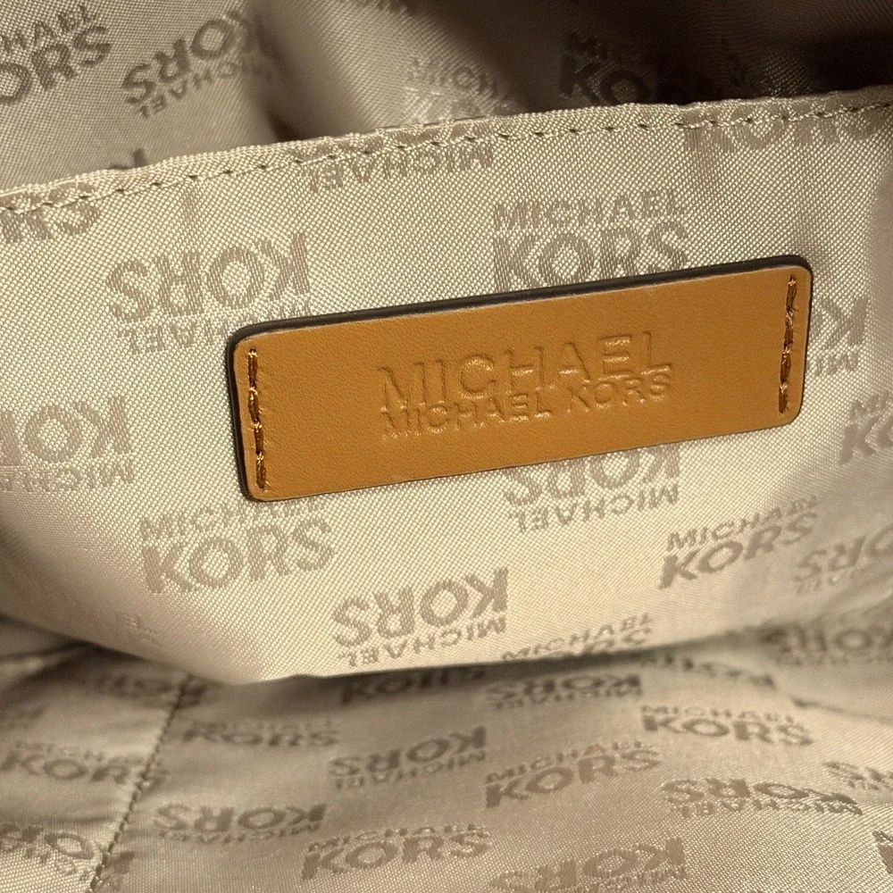 Michael Kors Kempton Lg East West Tote-Navy Blue w/Brown Leather Trim, Gold MK - Picture 9 of 14